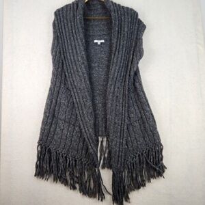 Cabi cableknit sleeveless long sweater with fringe on bottom